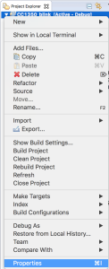 Right click the CC1350_blink project and click on Properties to bring up the project settings.