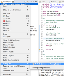 Upload the project to the CC1350 by choosing Debug As, Code Composer Debug Session.